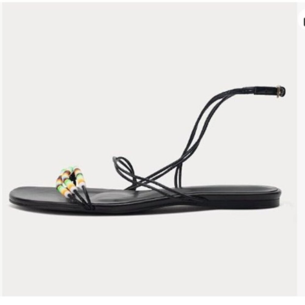 miss left Beaded Flat Sandal Ankle Strap Open Toe Slide Sandals Lace up Sandals
